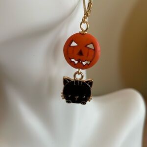 HAND CRAFTED JACK O’LANTERN with BLACK CAT PIERCED EARRINGS